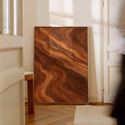 Flowing copper and auburn swirl currents, canvas print seen in a warm interior with natural light