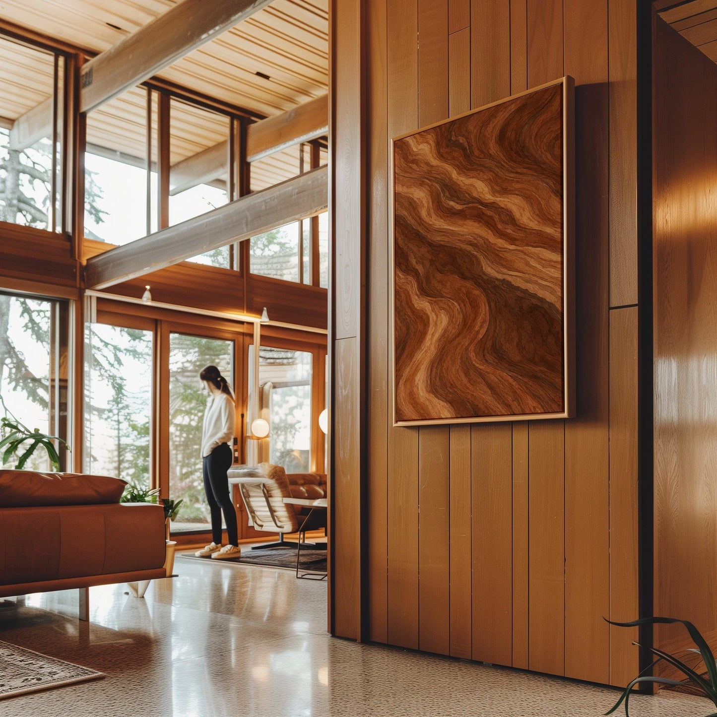 Flowing copper and auburn swirl currents, canvas wall art presented in a light, minimal room