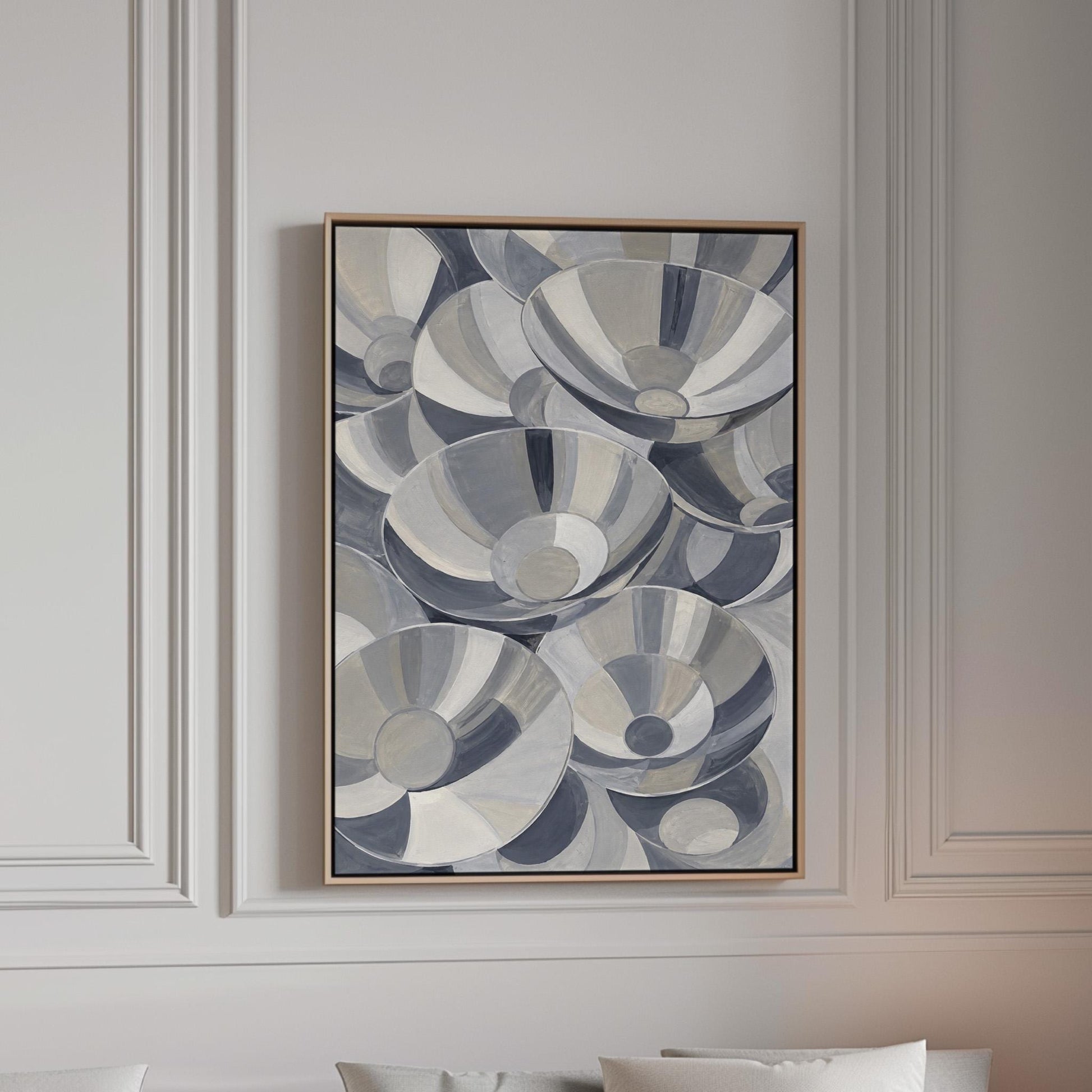 Nested silver bowl curves overlapping rhythmically, canvas print in a bright room with natural daylight