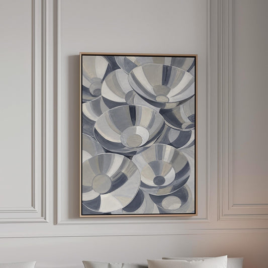Nested silver bowl curves overlapping rhythmically, canvas print in a bright room with natural daylight