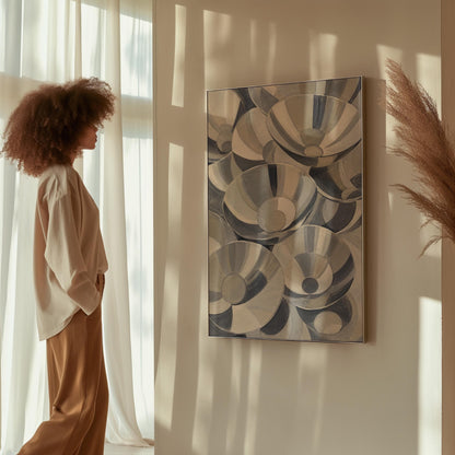 Nested silver bowl curves overlapping rhythmically, canvas print shown in a sunlit, contemporary room