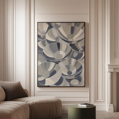 Nested silver bowl curves overlapping rhythmically, canvas print on a softly lit wall in a calm interior