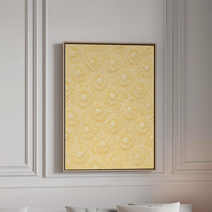 Field of soft butter yellow daisies pattern, canvas print in a bright room with natural daylight