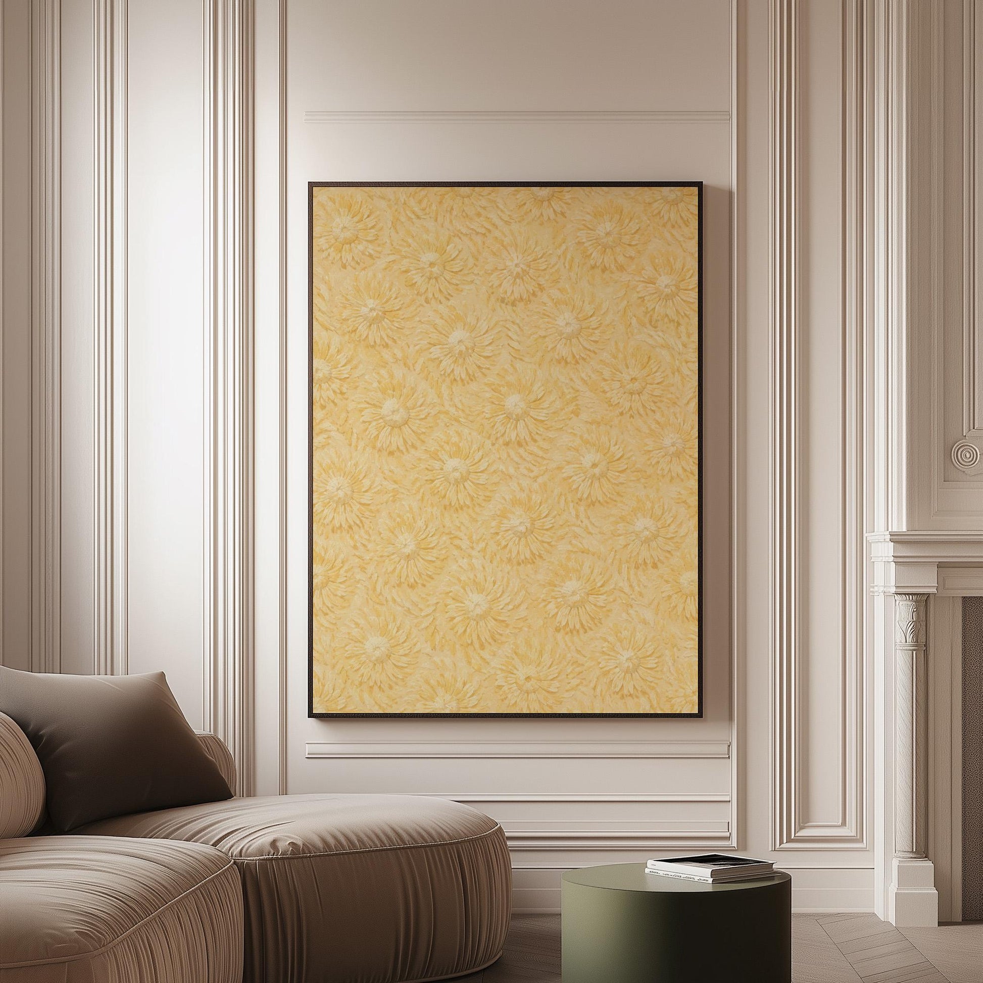 Field of soft butter yellow daisies pattern, canvas print on a softly lit wall in a calm interior