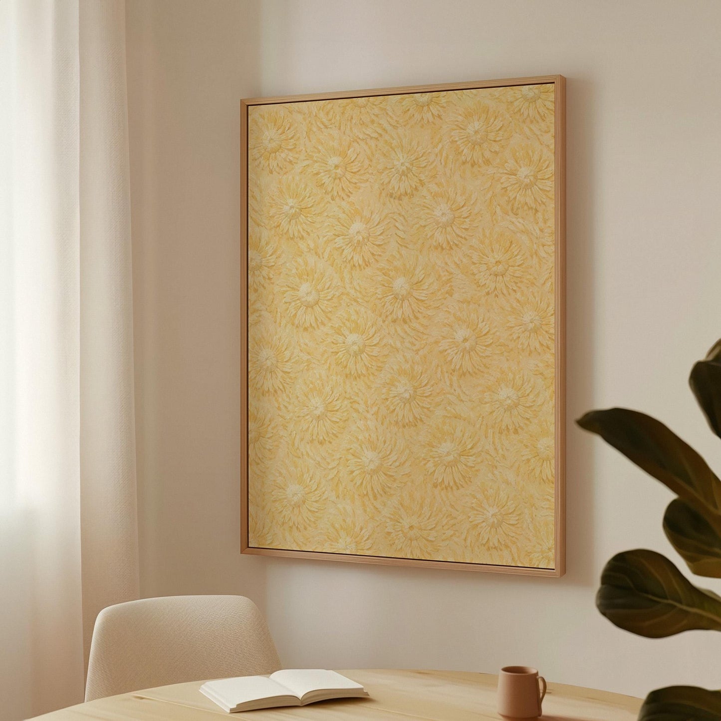 Field of soft butter yellow daisies pattern, canvas print displayed on a neutral wall in a styled interior