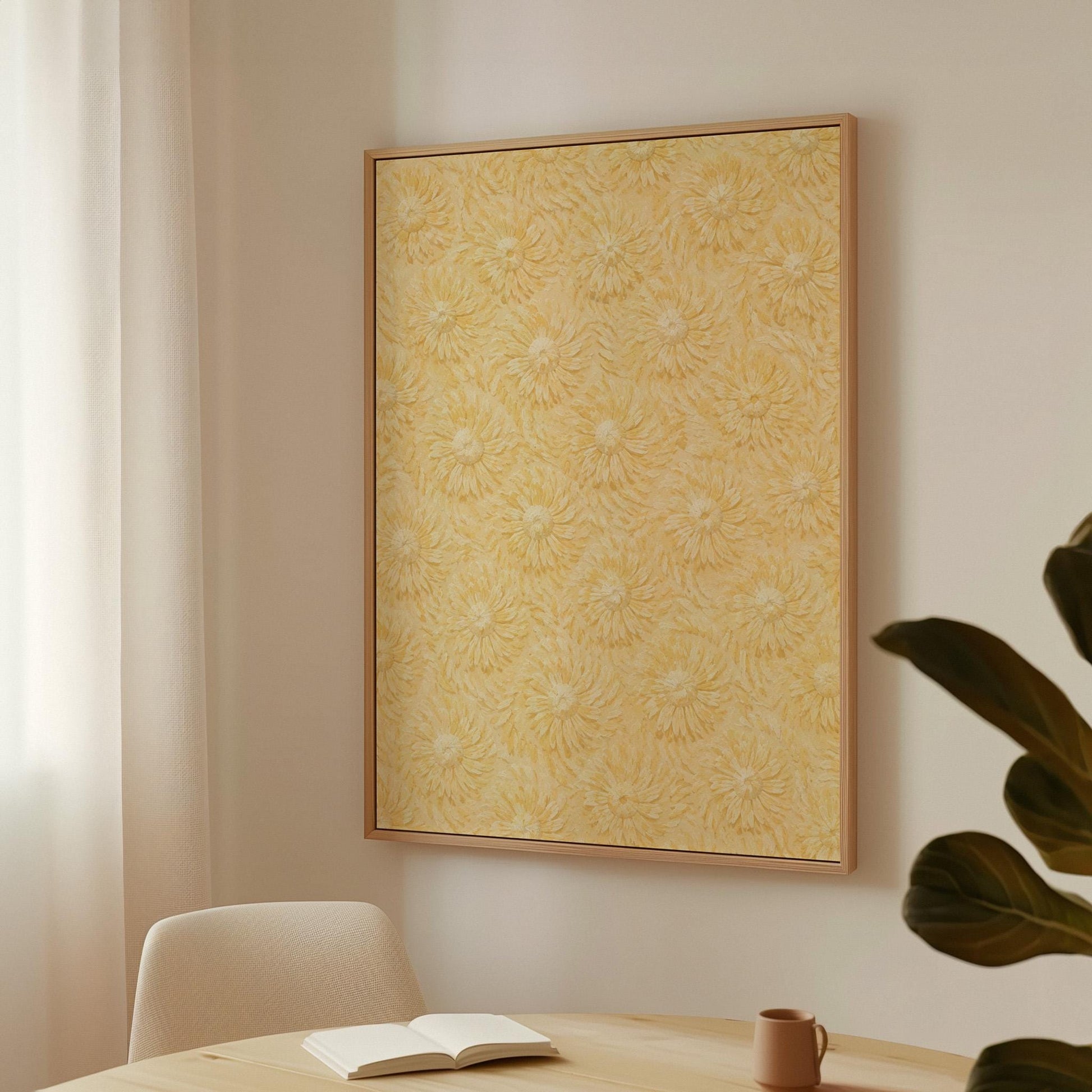 Field of soft butter yellow daisies pattern, canvas print displayed on a neutral wall in a styled interior