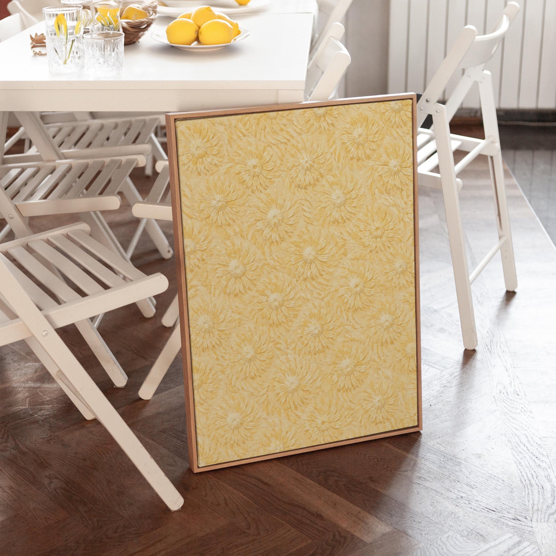 Field of soft butter yellow daisies pattern, canvas print shown in a sunlit, contemporary room
