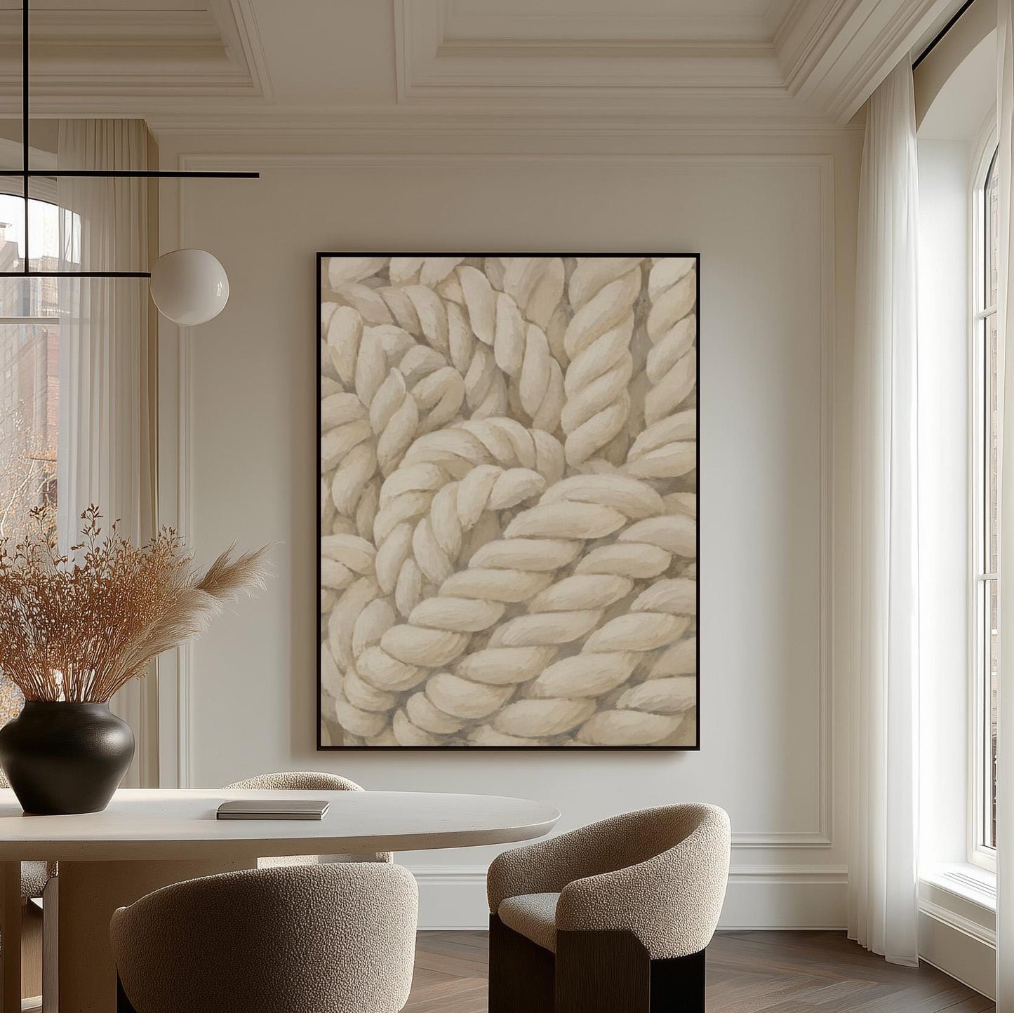 Thick cream ropes twisted into a knot, canvas print displayed on a neutral wall in a styled interior