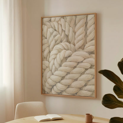 Thick cream ropes twisted into a knot, canvas wall art styled against a soft white wall