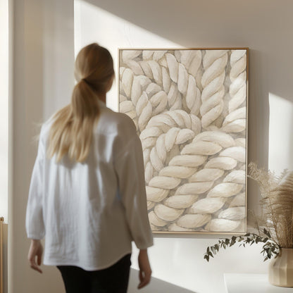 Thick cream ropes twisted into a knot, canvas wall art seen in a warm interior with natural light