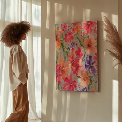 Vivid pink and purple watercolor blooms on light blue, canvas print styled against a soft white wall
