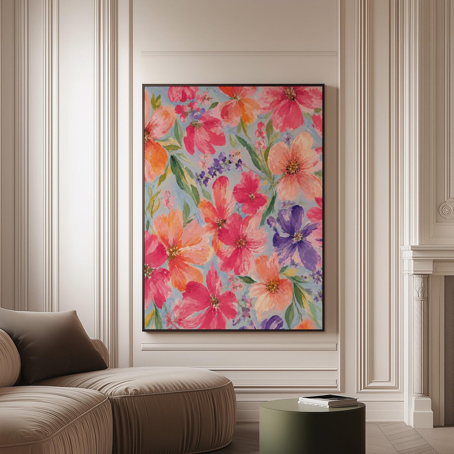 Vivid pink and purple watercolor blooms on light blue, canvas print on a softly lit wall in a calm interior