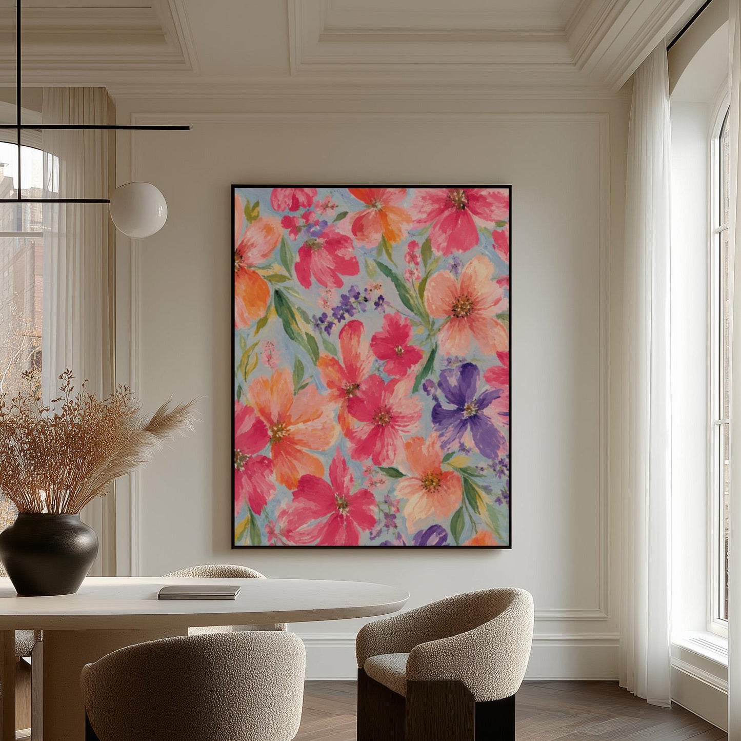 Vivid pink and purple watercolor blooms on light blue, canvas wall art presented in a light, minimal room