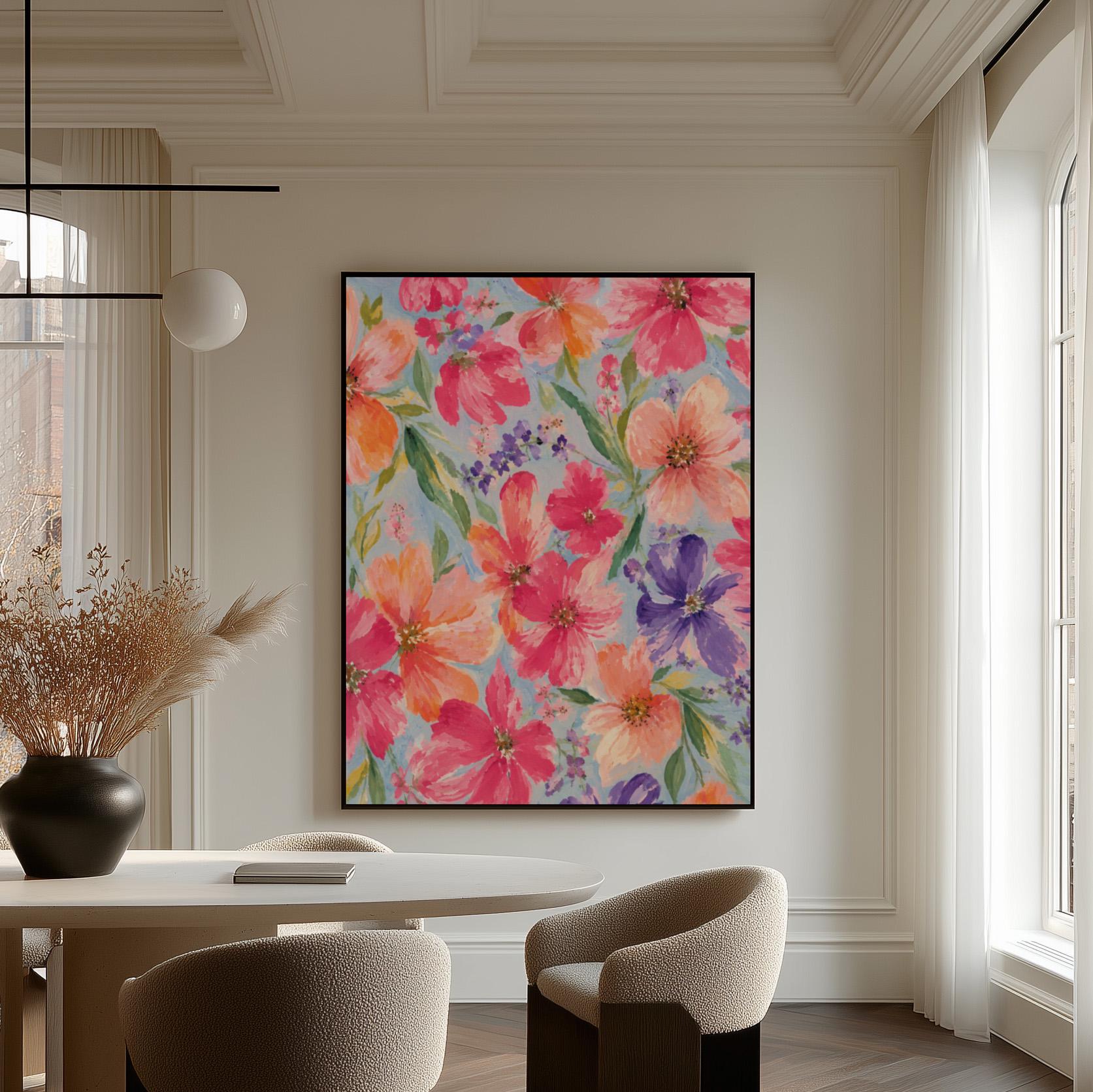 Vivid pink and purple watercolor blooms on light blue, canvas wall art presented in a light, minimal room