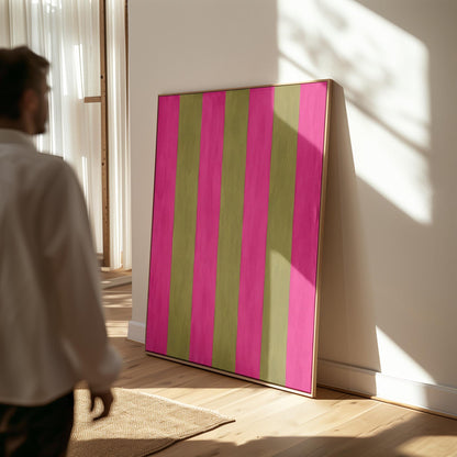 Bold vertical stripes in hot pink and olive green, canvas print presented in a light, minimal room