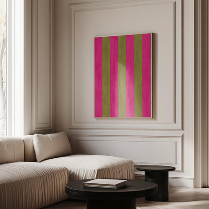 Bold vertical stripes in hot pink and olive green, canvas print displayed on a neutral wall in a styled interior