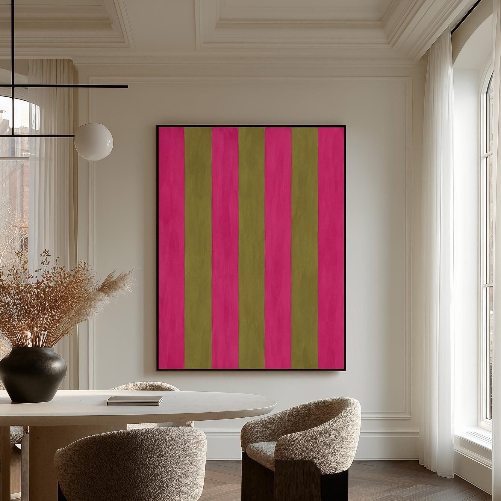 Bold vertical stripes in hot pink and olive green, canvas wall art on a quiet wall in a considered interior