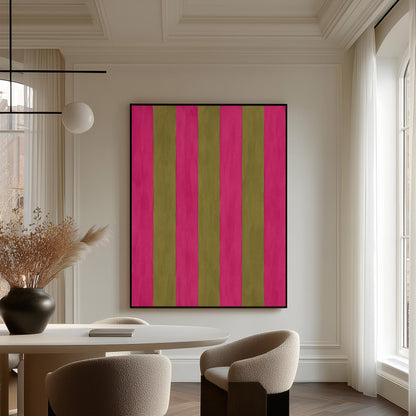Bold vertical stripes in hot pink and olive green, canvas wall art on a quiet wall in a considered interior