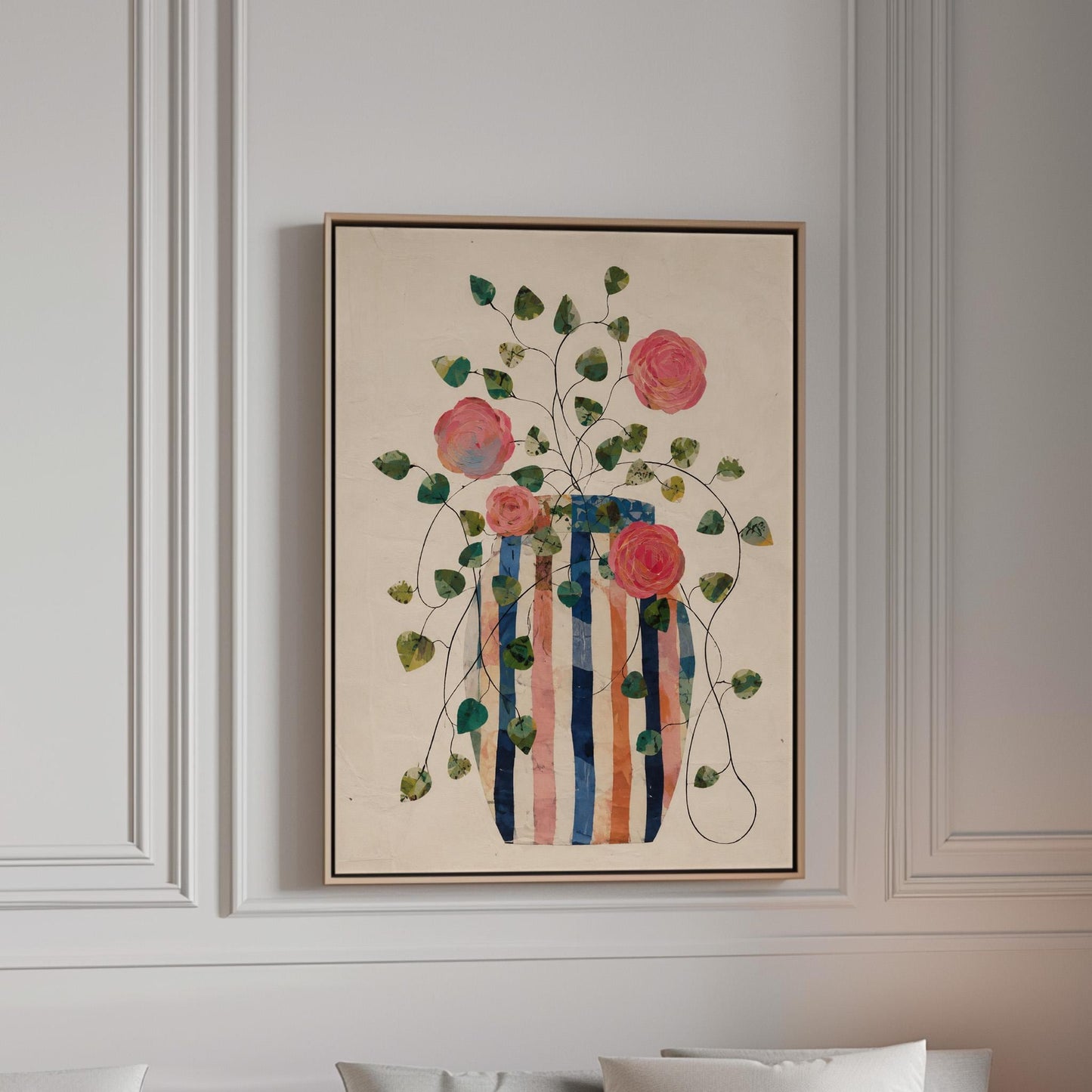Climbing roses around a striped collage vase, canvas print in a bright room with natural daylight