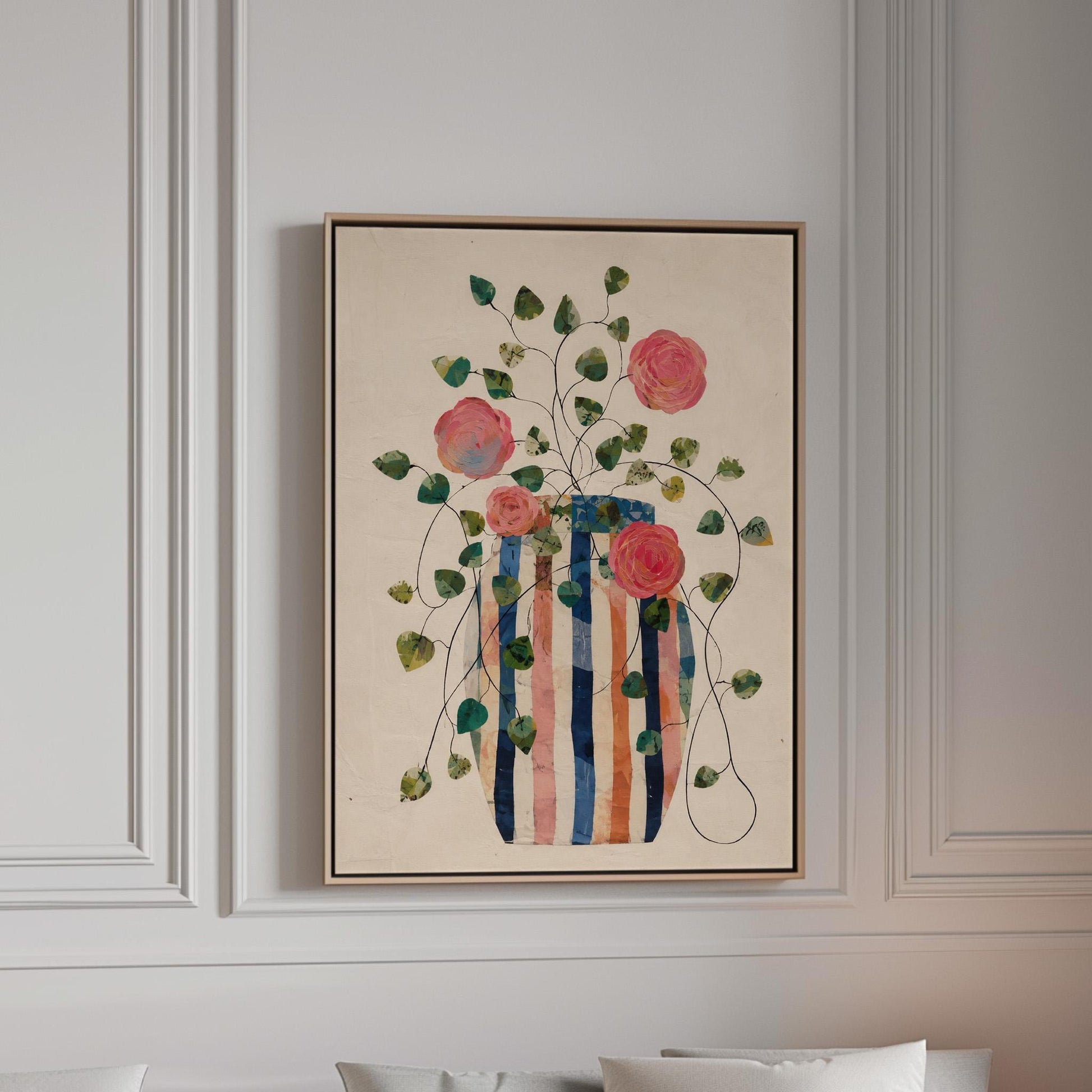 Climbing roses around a striped collage vase, canvas print in a bright room with natural daylight