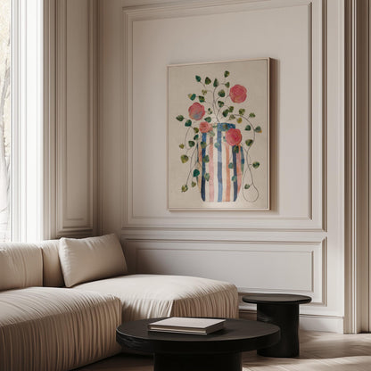 Climbing roses around a striped collage vase, canvas print hanging in a calm, modern living space