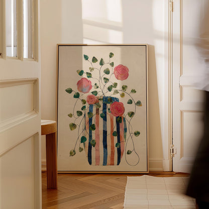 Climbing roses around a striped collage vase, canvas print styled against a soft white wall