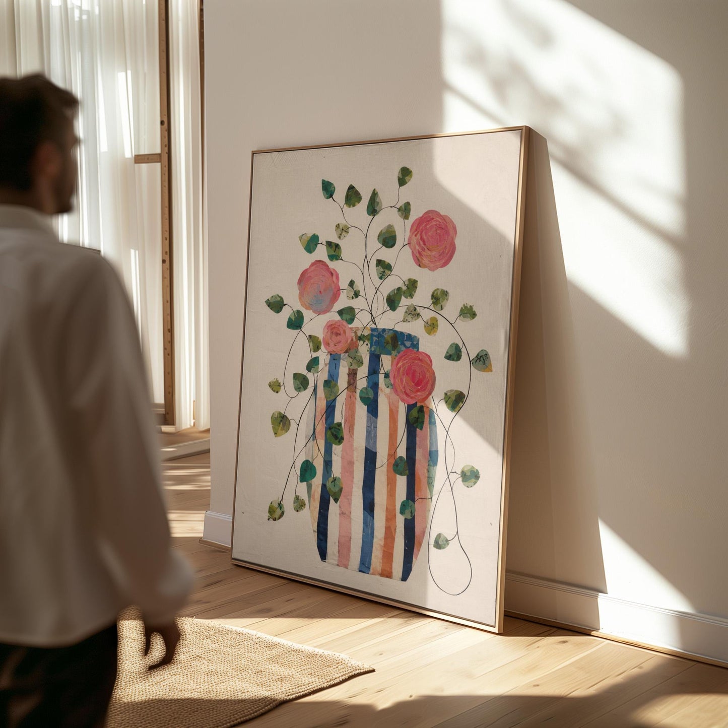 Climbing roses around a striped collage vase, canvas print presented in a light, minimal room