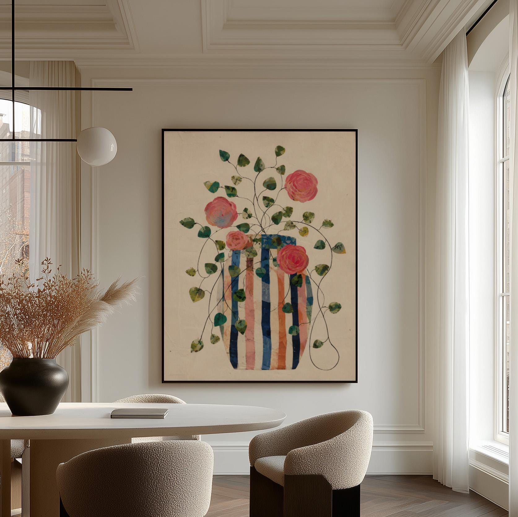 Climbing roses around a striped collage vase, canvas print on a quiet wall in a considered interior
