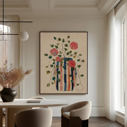 Climbing roses around a striped collage vase, canvas print on a quiet wall in a considered interior