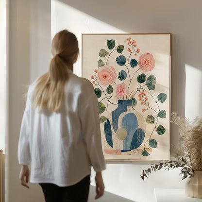 Roses and sprigs in two blue collage vases, canvas print styled against a soft white wall