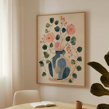 Roses and sprigs in two blue collage vases, canvas wall art styled against a soft white wall