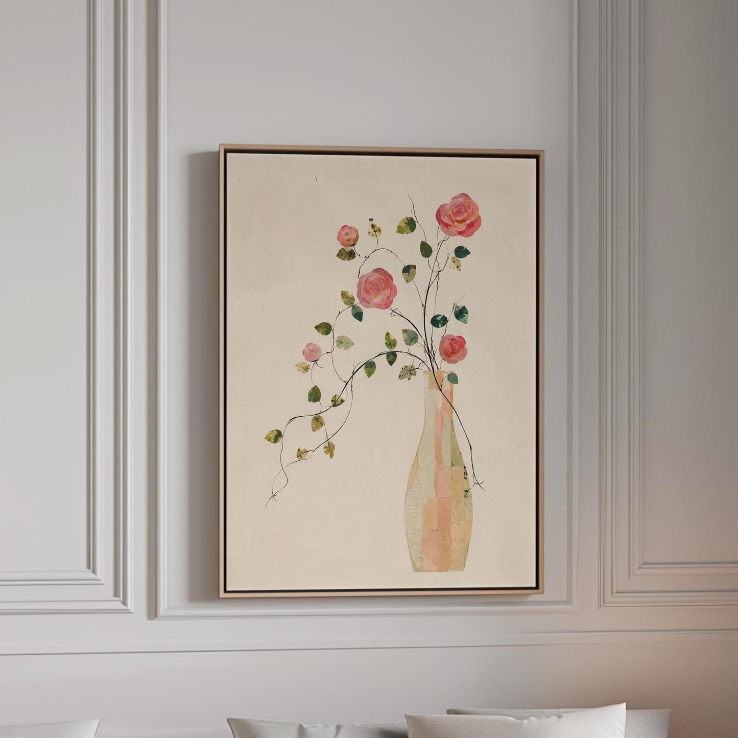 Single rose with trailing vine in slim vase, canvas print in a bright room with natural daylight