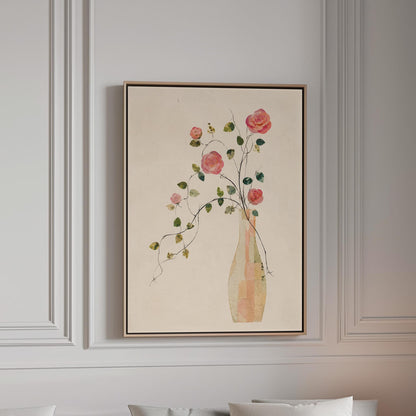 Single rose with trailing vine in slim vase, canvas print in a bright room with natural daylight