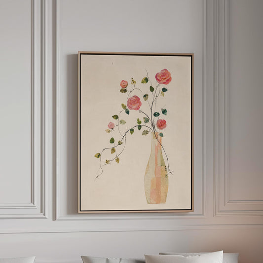 Single rose with trailing vine in slim vase, canvas print in a bright room with natural daylight
