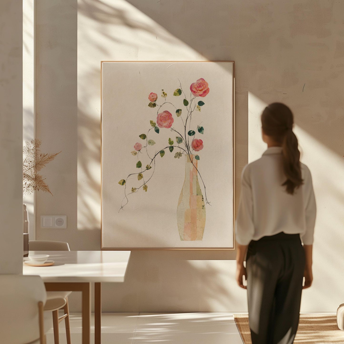 Single rose with trailing vine in slim vase, canvas print shown to scale in a furnished room