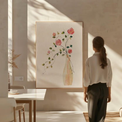 Single rose with trailing vine in slim vase, canvas print shown to scale in a furnished room