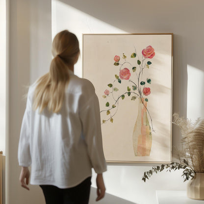 Single rose with trailing vine in slim vase, canvas print shown in a sunlit, contemporary room