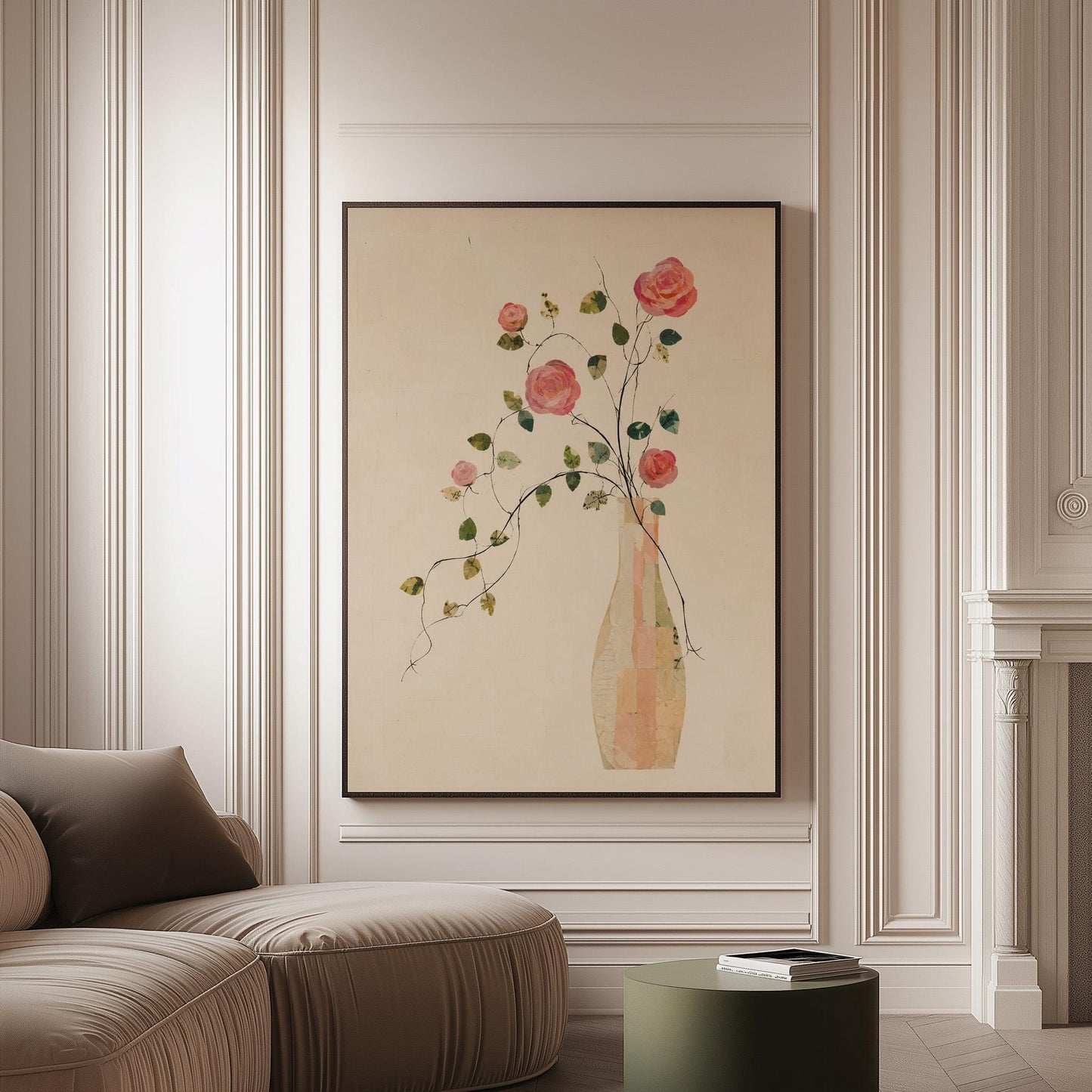Single rose with trailing vine in slim vase, canvas print on a softly lit wall in a calm interior