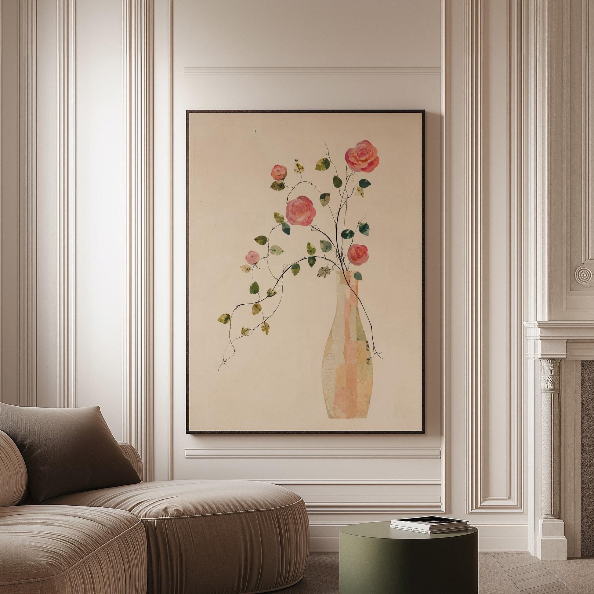 Single rose with trailing vine in slim vase, canvas print on a softly lit wall in a calm interior