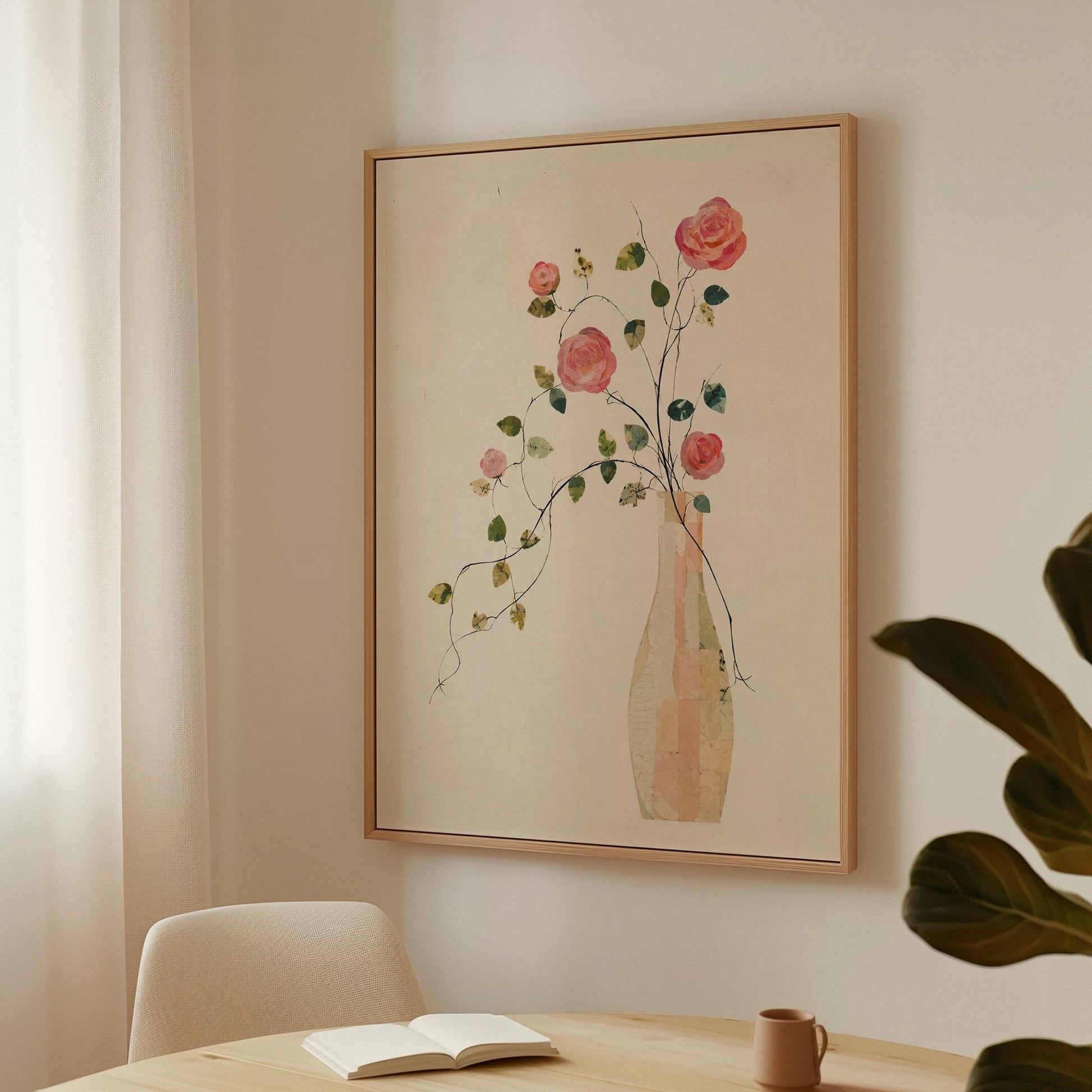Single rose with trailing vine in slim vase, canvas wall art on a quiet wall in a considered interior
