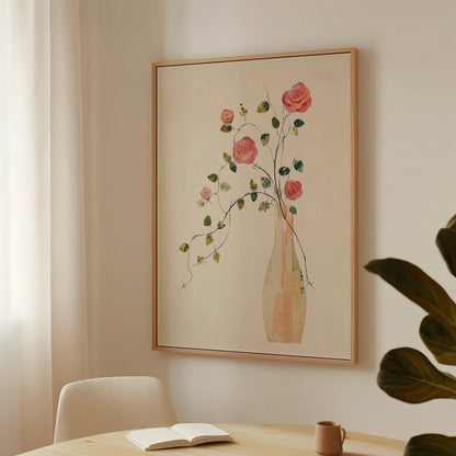 Single rose with trailing vine in slim vase, canvas wall art on a quiet wall in a considered interior