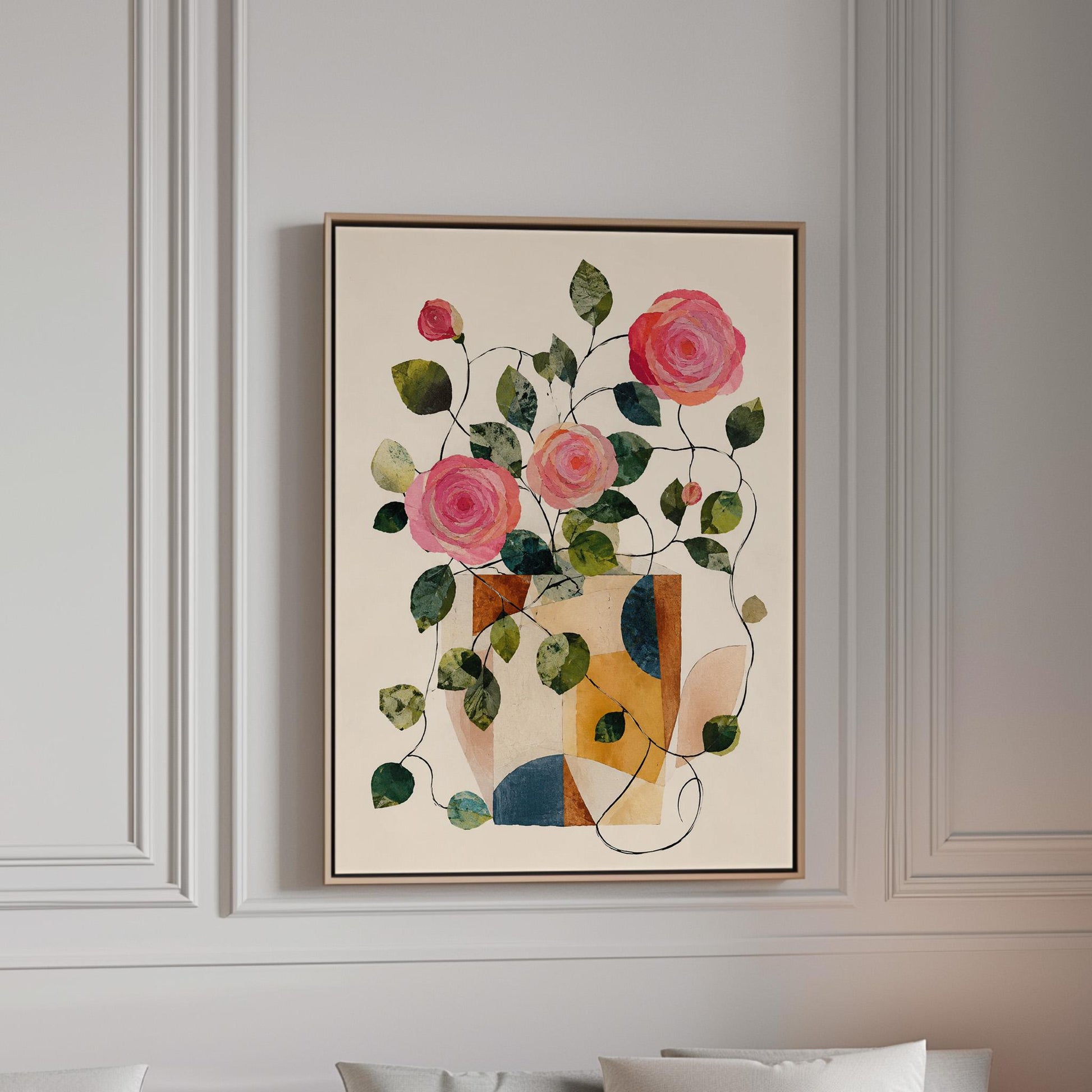 Lush roses spilling from geometric collage vase, canvas print in a bright room with natural daylight