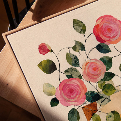 Lush roses spilling from geometric collage vase, canvas print in a warm, minimally styled interior