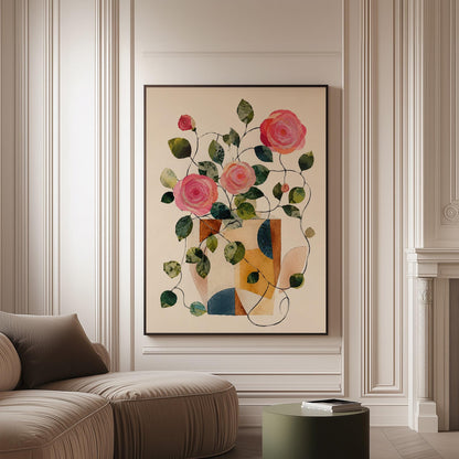 Lush roses spilling from geometric collage vase, canvas print on a softly lit wall in a calm interior