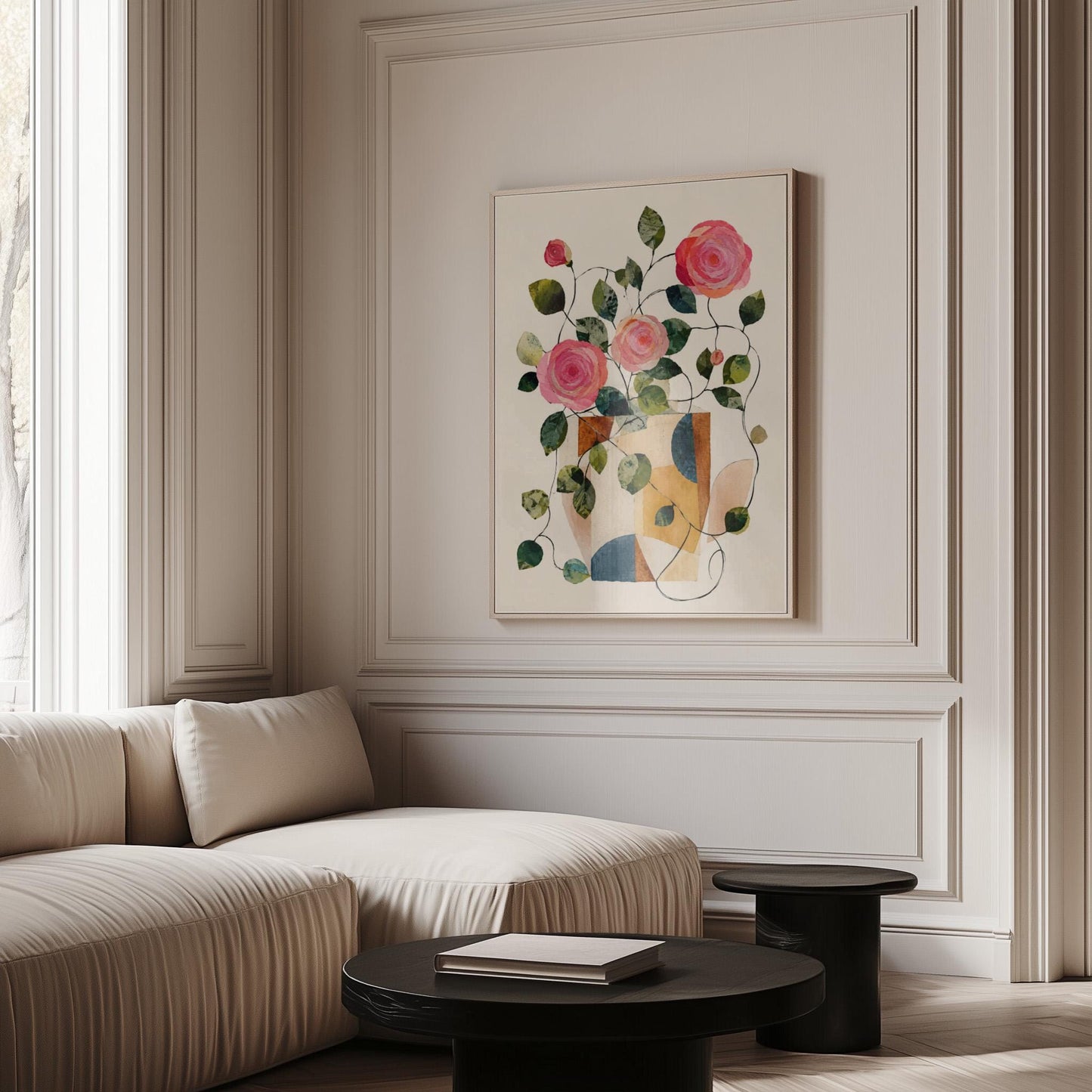 Lush roses spilling from geometric collage vase, canvas print shown to scale in a furnished room