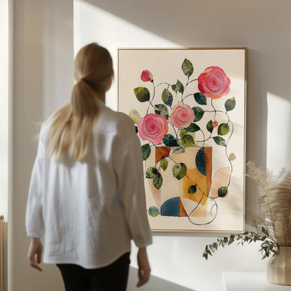Lush roses spilling from geometric collage vase, canvas print displayed on a neutral wall in a styled interior