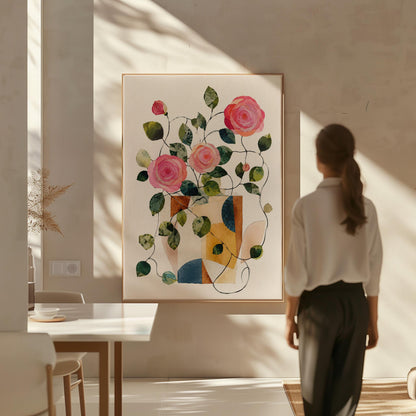 Lush roses spilling from geometric collage vase, canvas print hanging in a calm, modern living space