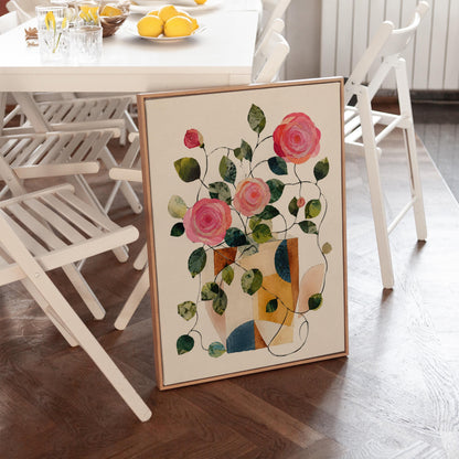 Lush roses spilling from geometric collage vase, canvas wall art styled against a soft white wall