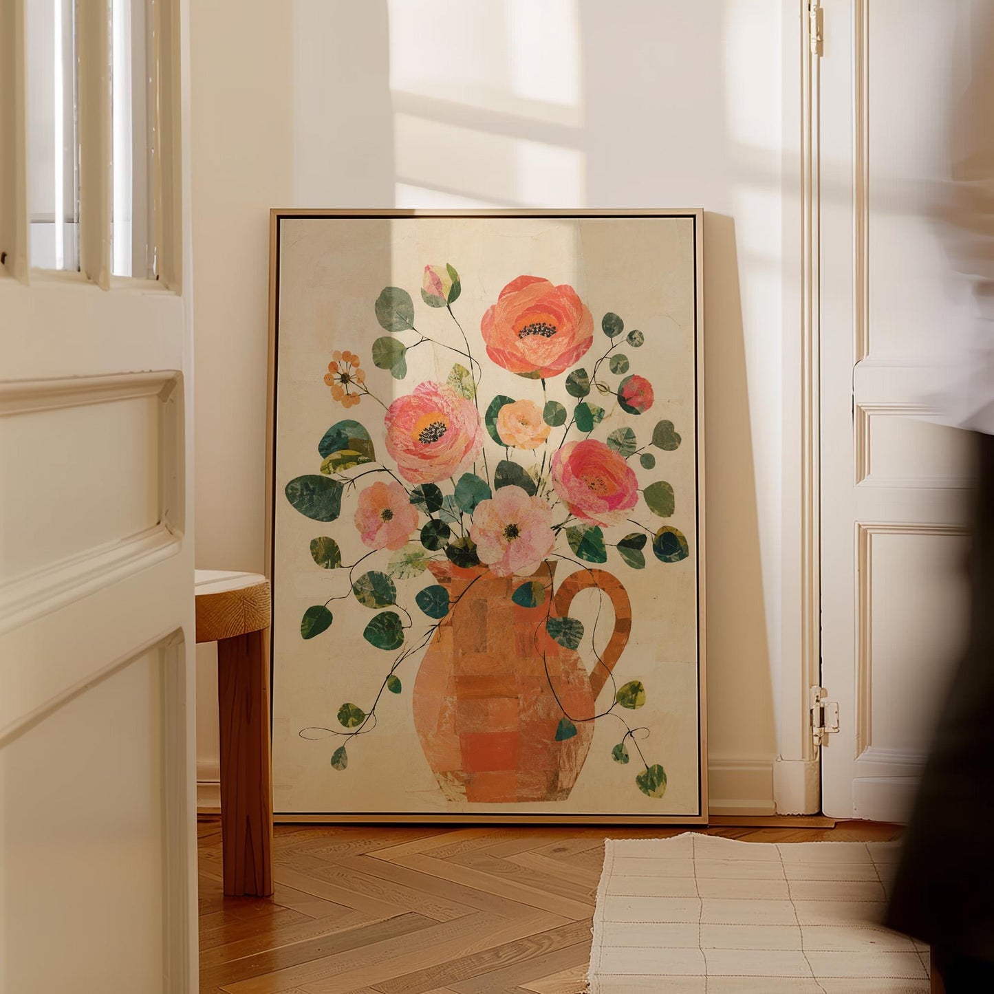 Coral poppies and blooms in a clay jug, canvas print shown in a sunlit, contemporary room