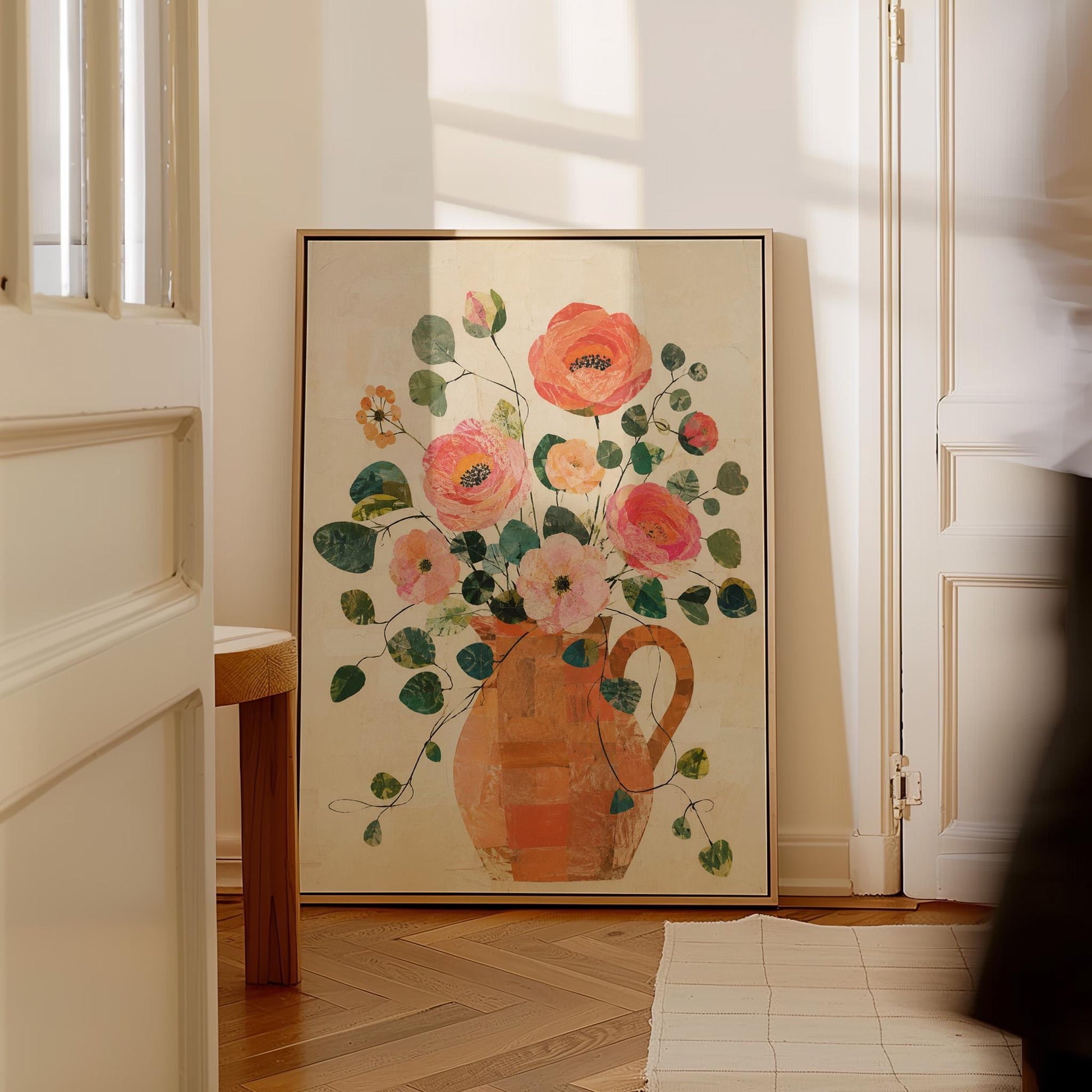 Coral poppies and blooms in a clay jug, canvas print shown in a sunlit, contemporary room